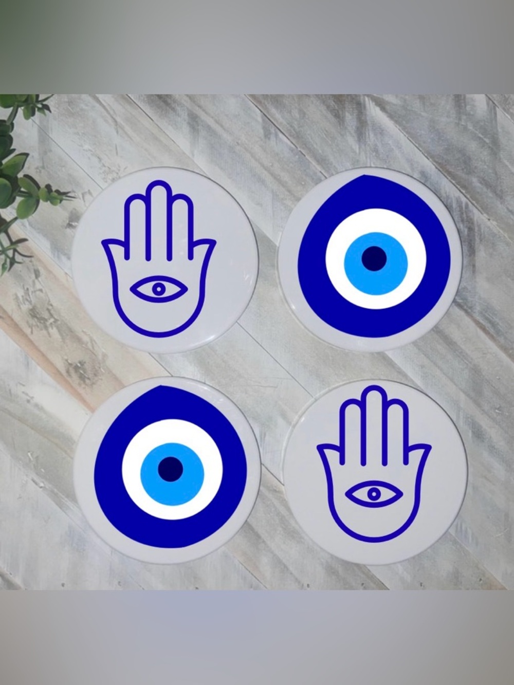 Evil Eye & Hamsa Coaster Set in Blue and White